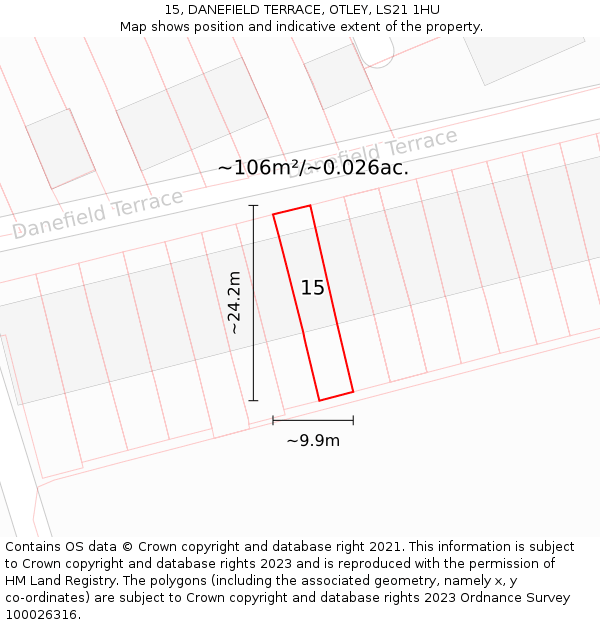 15, DANEFIELD TERRACE, OTLEY, LS21 1HU: Plot and title map