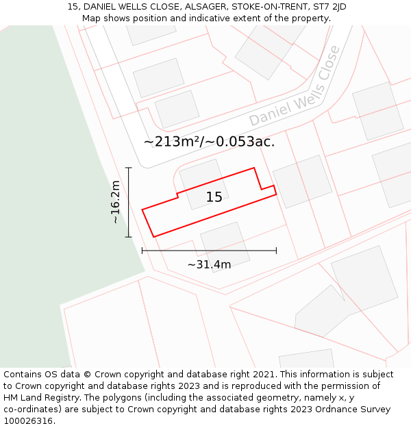 15, DANIEL WELLS CLOSE, ALSAGER, STOKE-ON-TRENT, ST7 2JD: Plot and title map