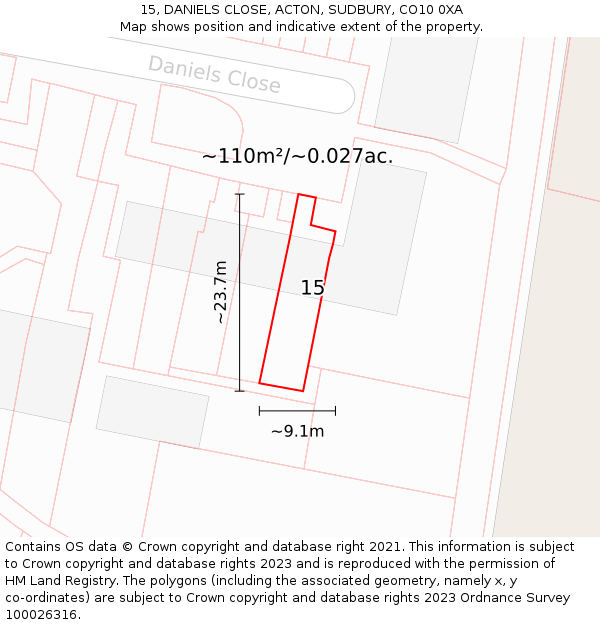 15, DANIELS CLOSE, ACTON, SUDBURY, CO10 0XA: Plot and title map