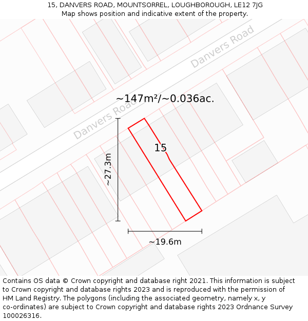 15, DANVERS ROAD, MOUNTSORREL, LOUGHBOROUGH, LE12 7JG: Plot and title map