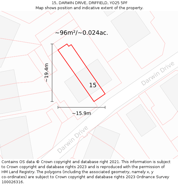 15, DARWIN DRIVE, DRIFFIELD, YO25 5PF: Plot and title map