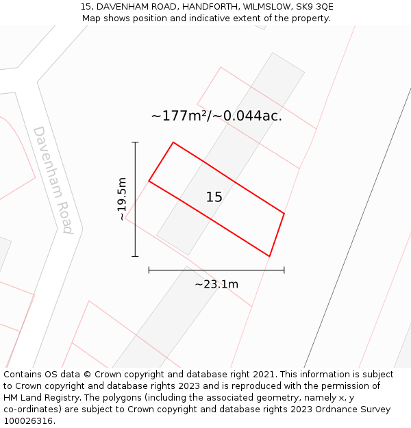 15, DAVENHAM ROAD, HANDFORTH, WILMSLOW, SK9 3QE: Plot and title map