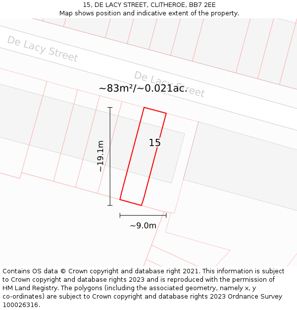 15, DE LACY STREET, CLITHEROE, BB7 2EE: Plot and title map