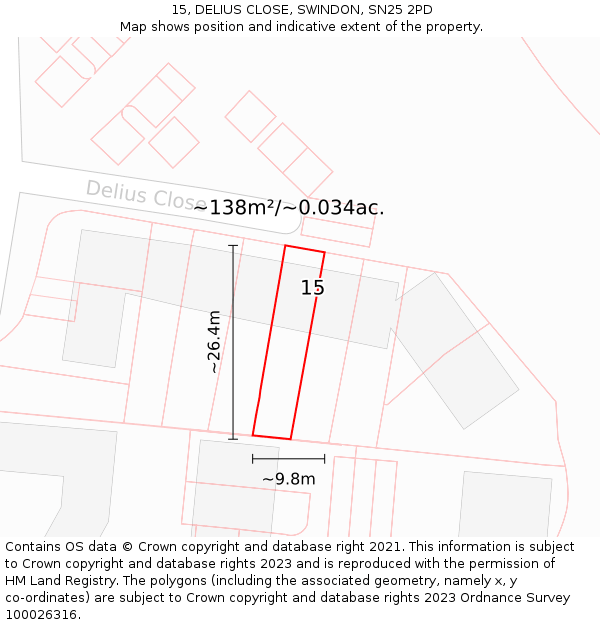 15, DELIUS CLOSE, SWINDON, SN25 2PD: Plot and title map