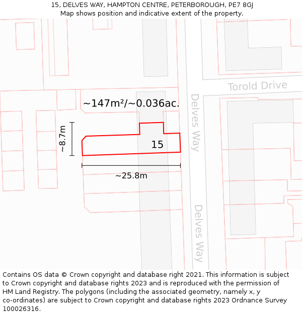 15, DELVES WAY, HAMPTON CENTRE, PETERBOROUGH, PE7 8GJ: Plot and title map
