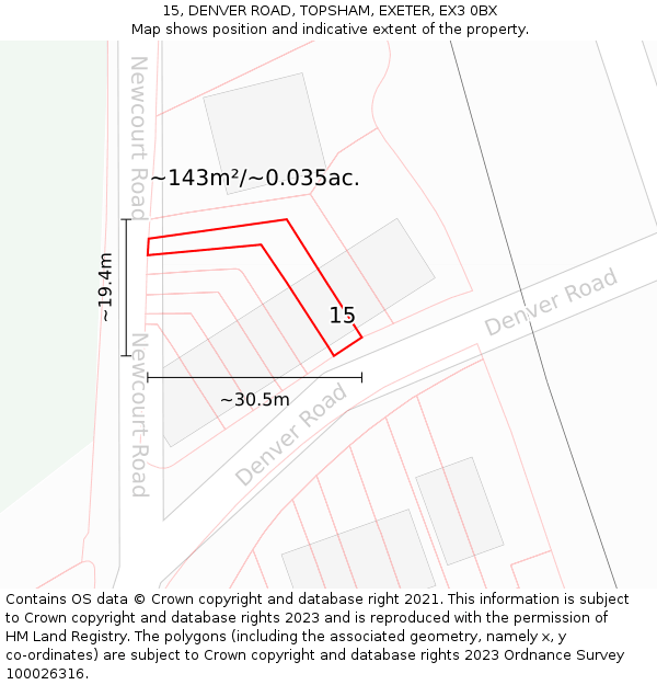 15, DENVER ROAD, TOPSHAM, EXETER, EX3 0BX: Plot and title map