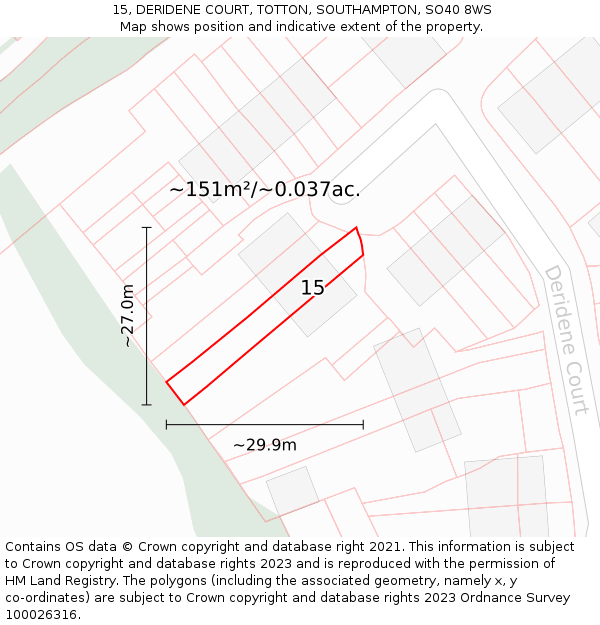 15, DERIDENE COURT, TOTTON, SOUTHAMPTON, SO40 8WS: Plot and title map