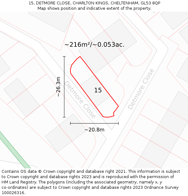 15, DETMORE CLOSE, CHARLTON KINGS, CHELTENHAM, GL53 8QP: Plot and title map