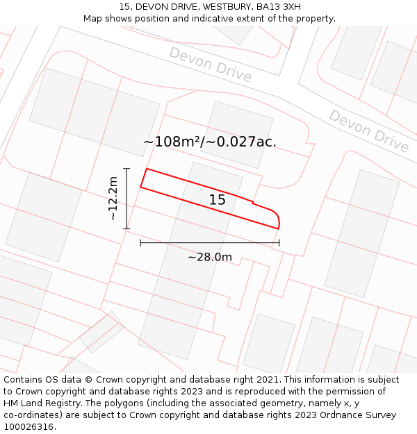 15, DEVON DRIVE, WESTBURY, BA13 3XH: Plot and title map