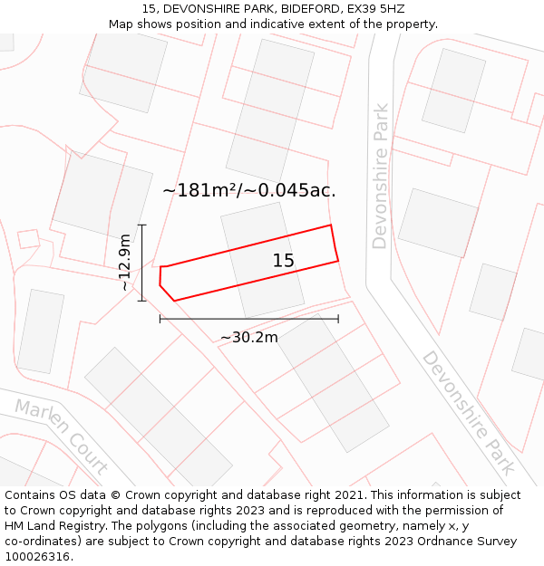 15, DEVONSHIRE PARK, BIDEFORD, EX39 5HZ: Plot and title map