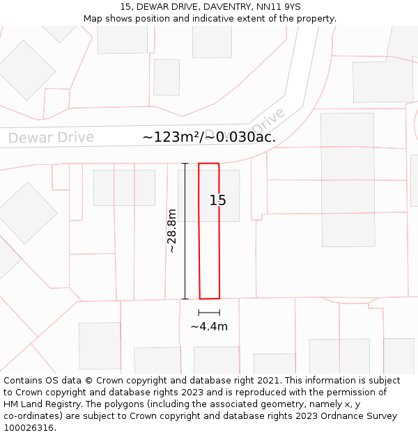 15, DEWAR DRIVE, DAVENTRY, NN11 9YS: Plot and title map