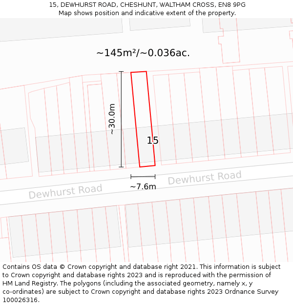 15, DEWHURST ROAD, CHESHUNT, WALTHAM CROSS, EN8 9PG: Plot and title map