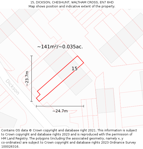 15, DICKSON, CHESHUNT, WALTHAM CROSS, EN7 6HD: Plot and title map
