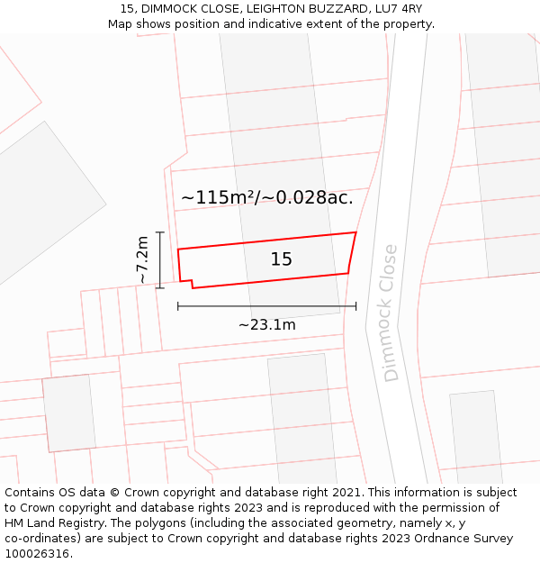 15, DIMMOCK CLOSE, LEIGHTON BUZZARD, LU7 4RY: Plot and title map