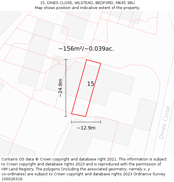 15, DINES CLOSE, WILSTEAD, BEDFORD, MK45 3BU: Plot and title map