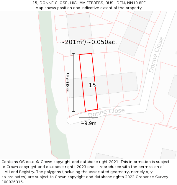 15, DONNE CLOSE, HIGHAM FERRERS, RUSHDEN, NN10 8PF: Plot and title map