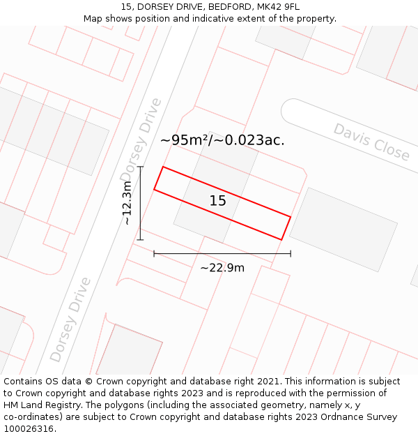 15, DORSEY DRIVE, BEDFORD, MK42 9FL: Plot and title map