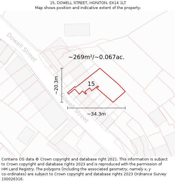 15, DOWELL STREET, HONITON, EX14 1LT: Plot and title map