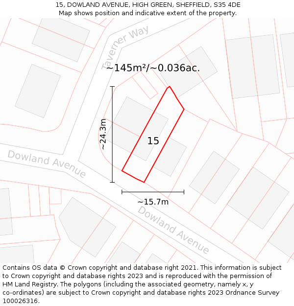 15, DOWLAND AVENUE, HIGH GREEN, SHEFFIELD, S35 4DE: Plot and title map