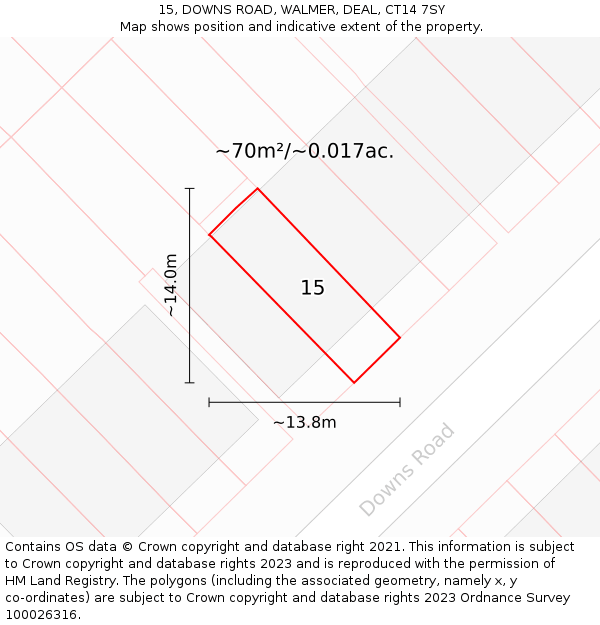 15, DOWNS ROAD, WALMER, DEAL, CT14 7SY: Plot and title map