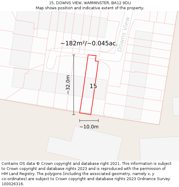 15, DOWNS VIEW, WARMINSTER, BA12 9DU: Plot and title map