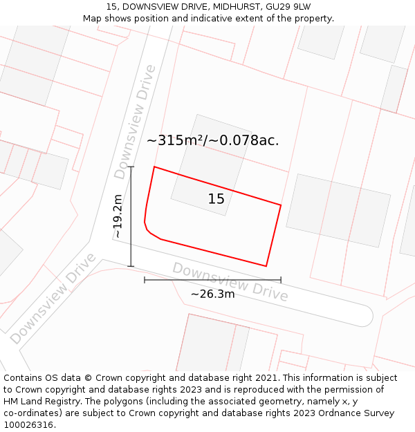 15, DOWNSVIEW DRIVE, MIDHURST, GU29 9LW: Plot and title map