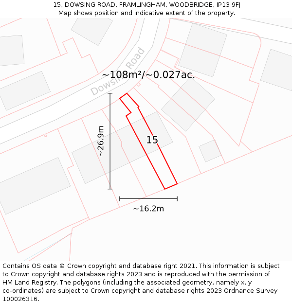 15, DOWSING ROAD, FRAMLINGHAM, WOODBRIDGE, IP13 9FJ: Plot and title map