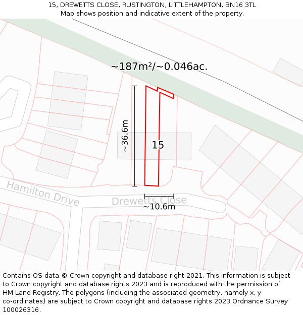 15, DREWETTS CLOSE, RUSTINGTON, LITTLEHAMPTON, BN16 3TL: Plot and title map