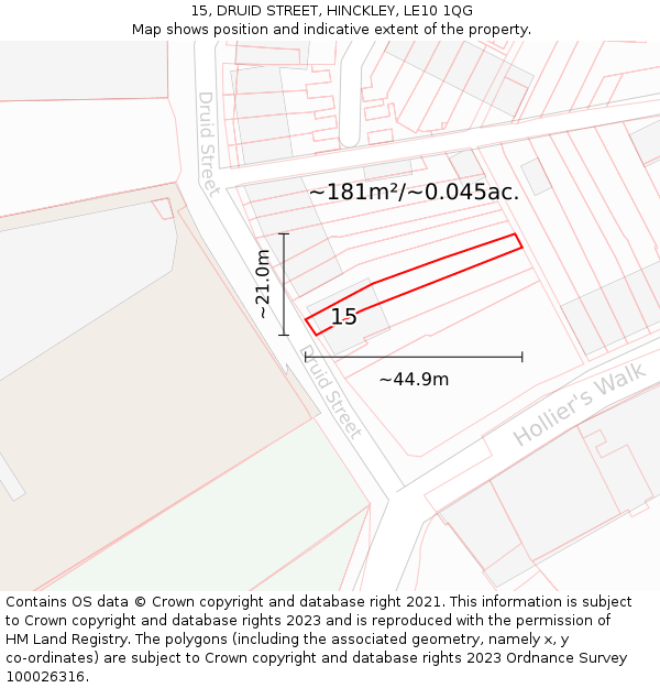 15, DRUID STREET, HINCKLEY, LE10 1QG: Plot and title map