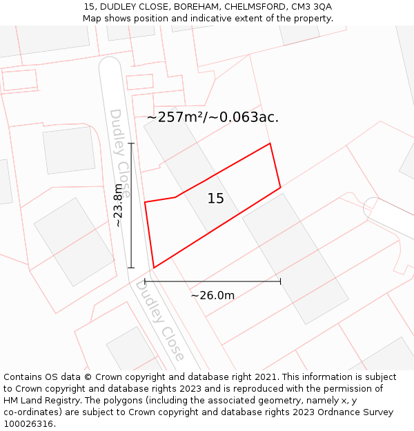 15, DUDLEY CLOSE, BOREHAM, CHELMSFORD, CM3 3QA: Plot and title map
