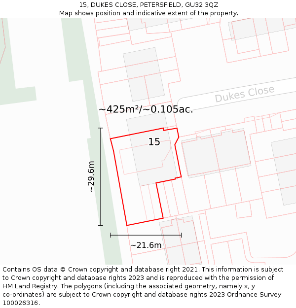 15, DUKES CLOSE, PETERSFIELD, GU32 3QZ: Plot and title map
