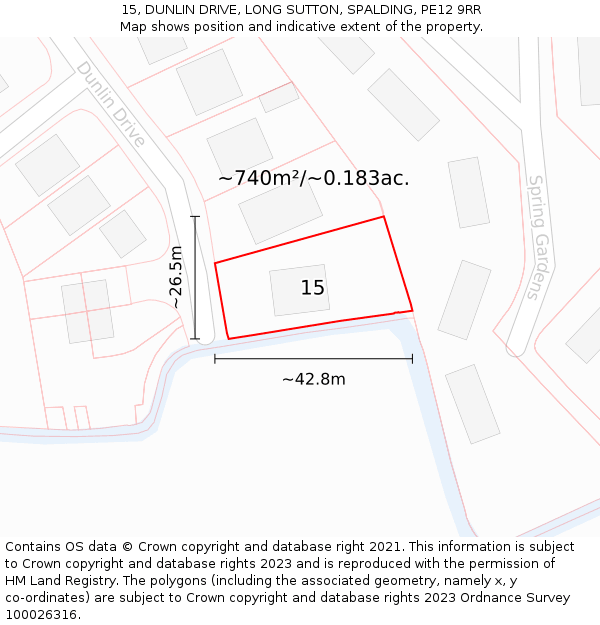 15, DUNLIN DRIVE, LONG SUTTON, SPALDING, PE12 9RR: Plot and title map