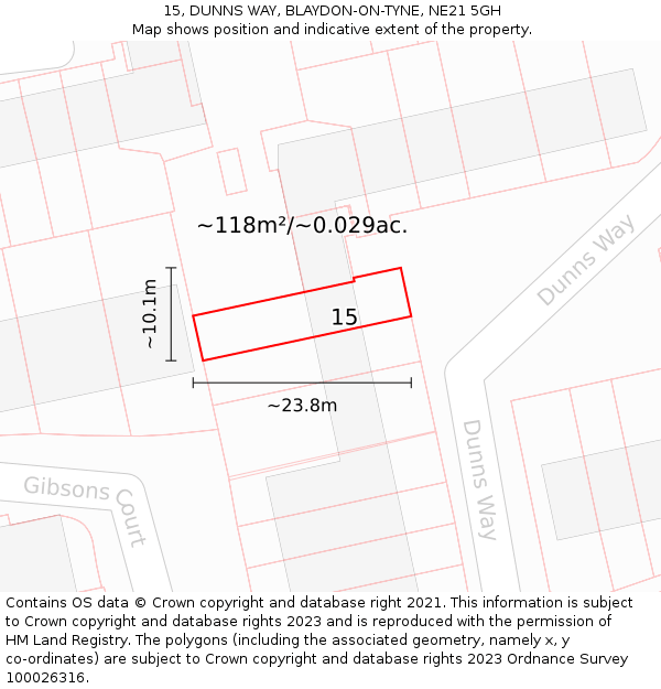 15, DUNNS WAY, BLAYDON-ON-TYNE, NE21 5GH: Plot and title map