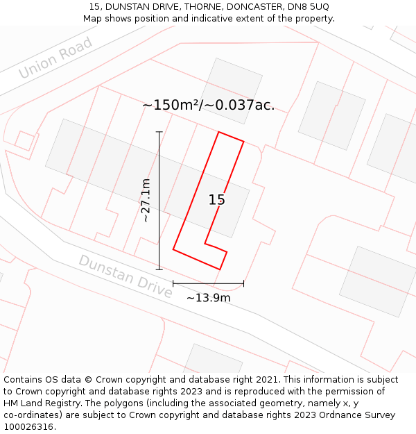 15, DUNSTAN DRIVE, THORNE, DONCASTER, DN8 5UQ: Plot and title map