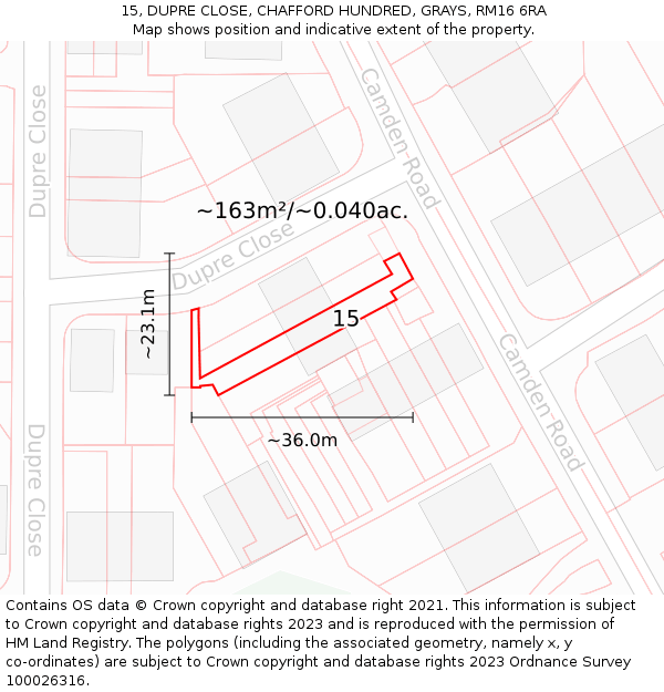 15, DUPRE CLOSE, CHAFFORD HUNDRED, GRAYS, RM16 6RA: Plot and title map
