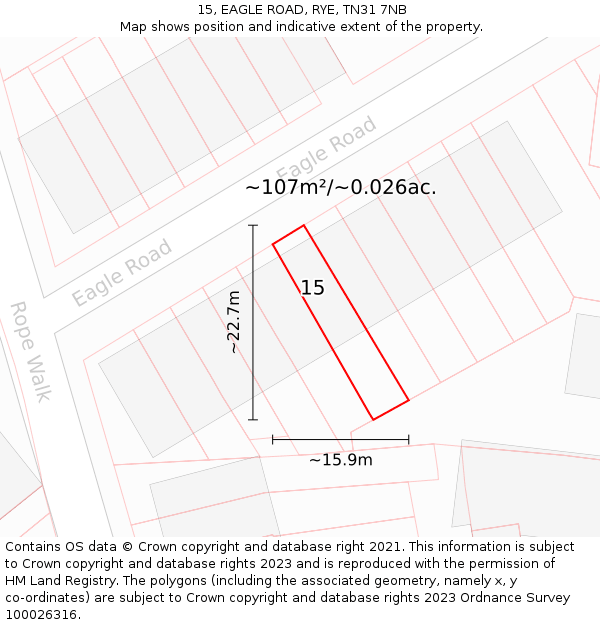 15, EAGLE ROAD, RYE, TN31 7NB: Plot and title map