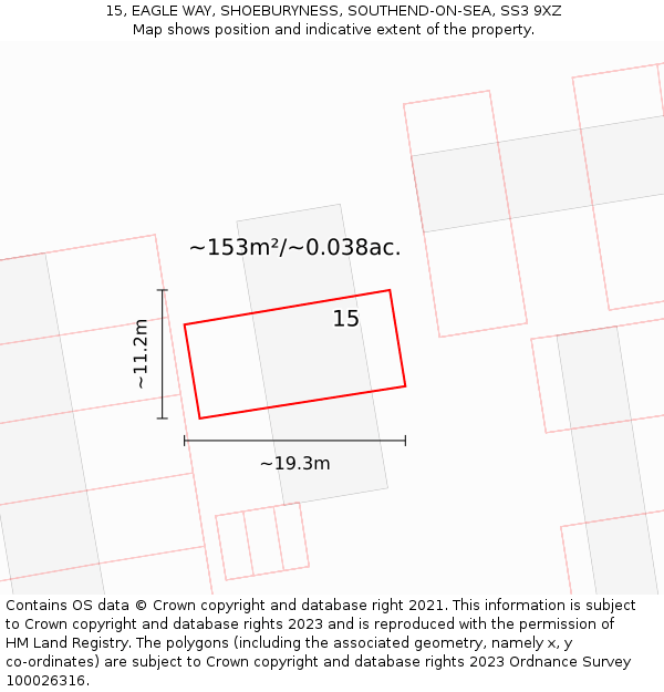 15, EAGLE WAY, SHOEBURYNESS, SOUTHEND-ON-SEA, SS3 9XZ: Plot and title map
