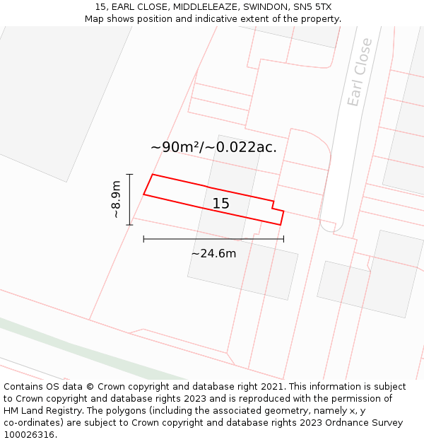 15, EARL CLOSE, MIDDLELEAZE, SWINDON, SN5 5TX: Plot and title map
