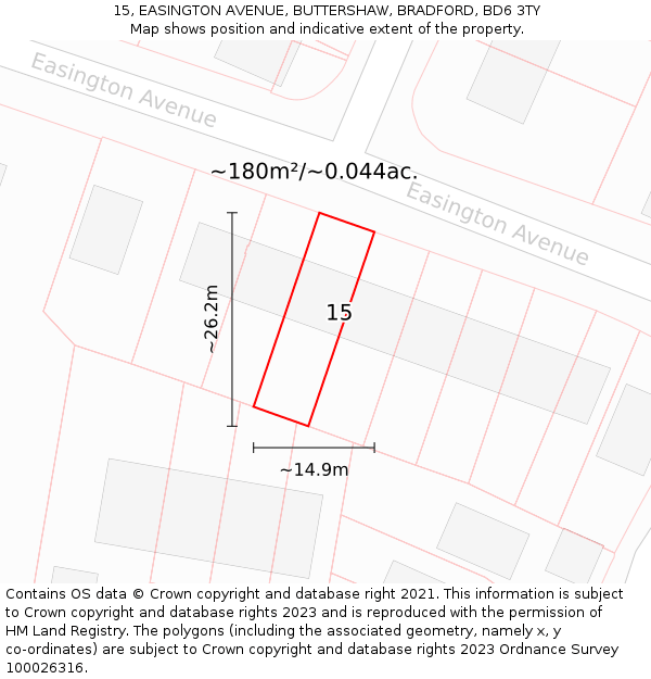15, EASINGTON AVENUE, BUTTERSHAW, BRADFORD, BD6 3TY: Plot and title map