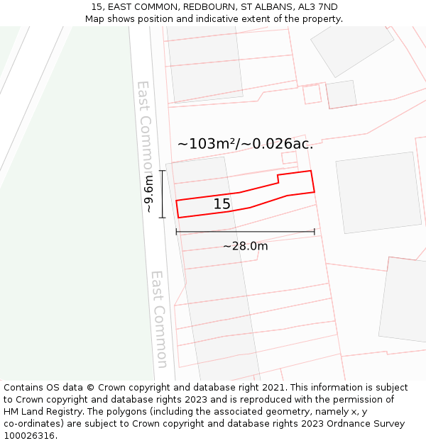 15, EAST COMMON, REDBOURN, ST ALBANS, AL3 7ND: Plot and title map