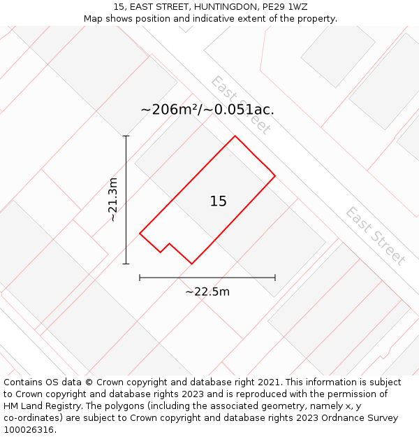 15, EAST STREET, HUNTINGDON, PE29 1WZ: Plot and title map