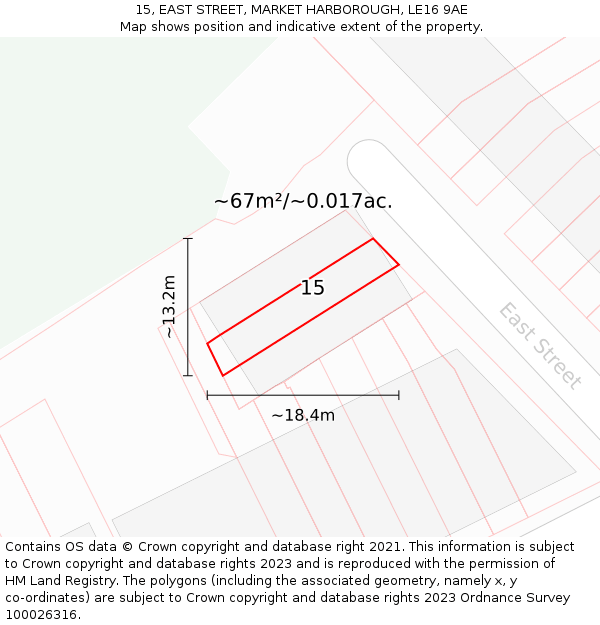 15, EAST STREET, MARKET HARBOROUGH, LE16 9AE: Plot and title map