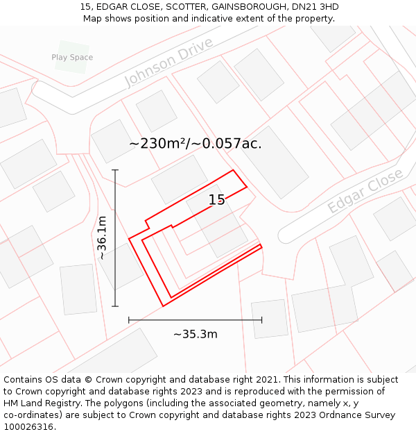 15, EDGAR CLOSE, SCOTTER, GAINSBOROUGH, DN21 3HD: Plot and title map