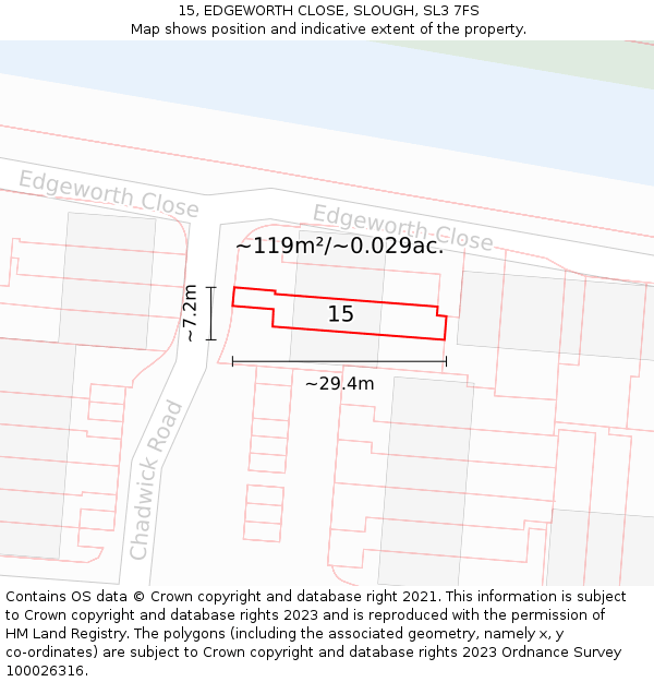 15, EDGEWORTH CLOSE, SLOUGH, SL3 7FS: Plot and title map