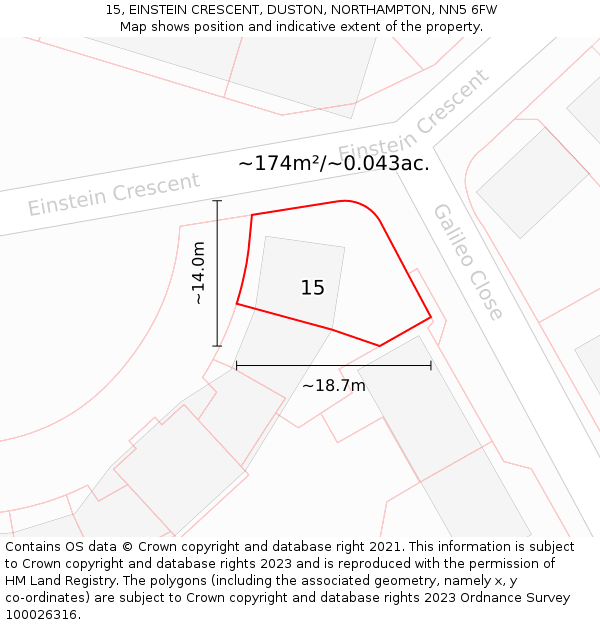 15, EINSTEIN CRESCENT, DUSTON, NORTHAMPTON, NN5 6FW: Plot and title map