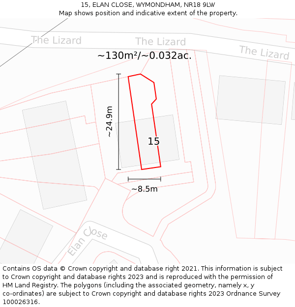 15, ELAN CLOSE, WYMONDHAM, NR18 9LW: Plot and title map