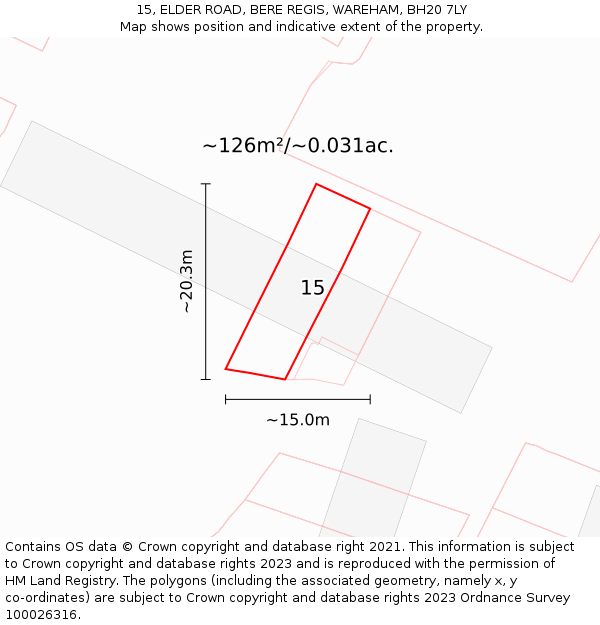 15, ELDER ROAD, BERE REGIS, WAREHAM, BH20 7LY: Plot and title map