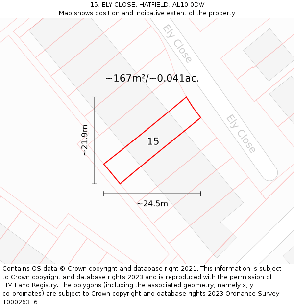 15, ELY CLOSE, HATFIELD, AL10 0DW: Plot and title map