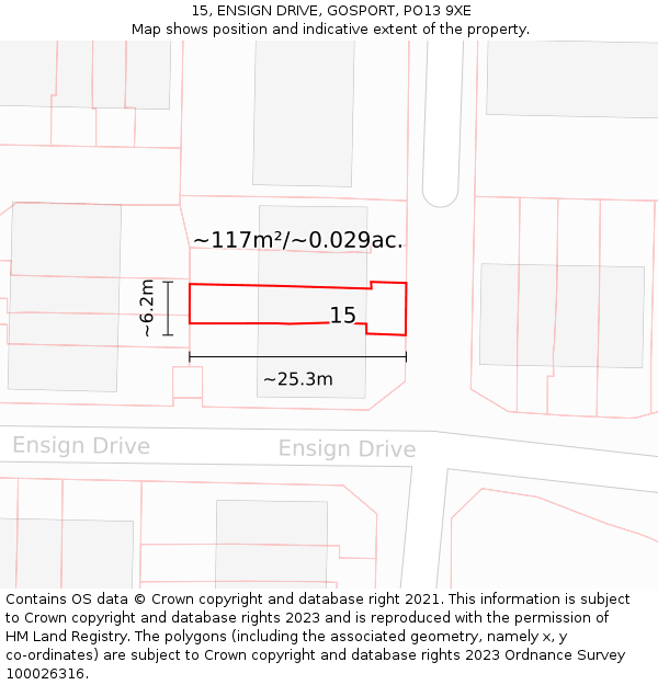 15, ENSIGN DRIVE, GOSPORT, PO13 9XE: Plot and title map