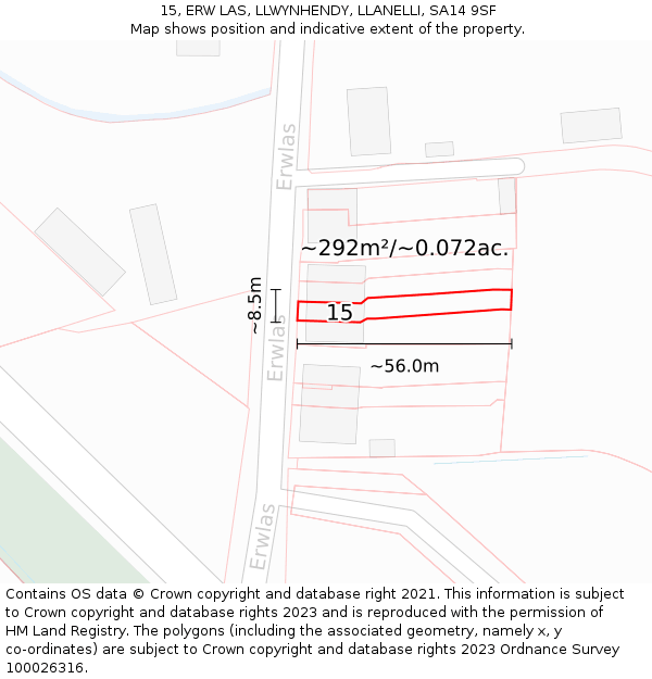 15, ERW LAS, LLWYNHENDY, LLANELLI, SA14 9SF: Plot and title map